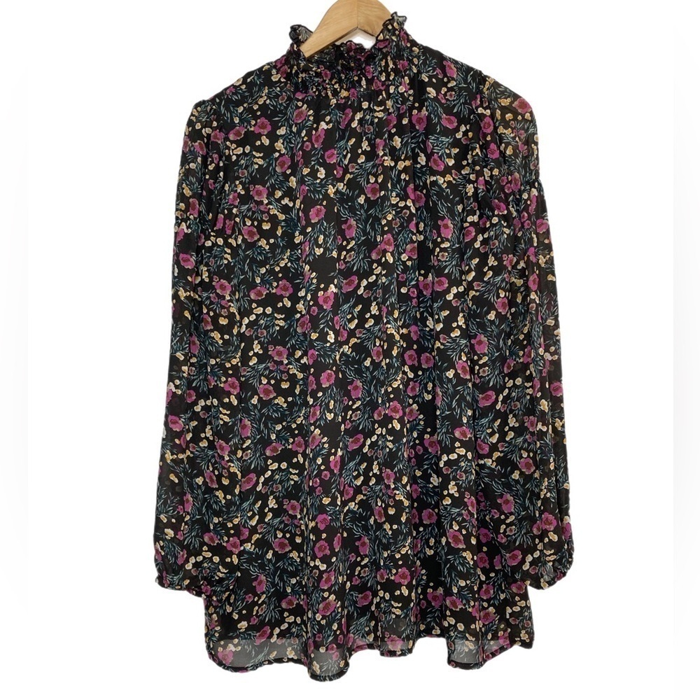 Melloday black & floral ruffled mock neck long sleeve chiffon blouse